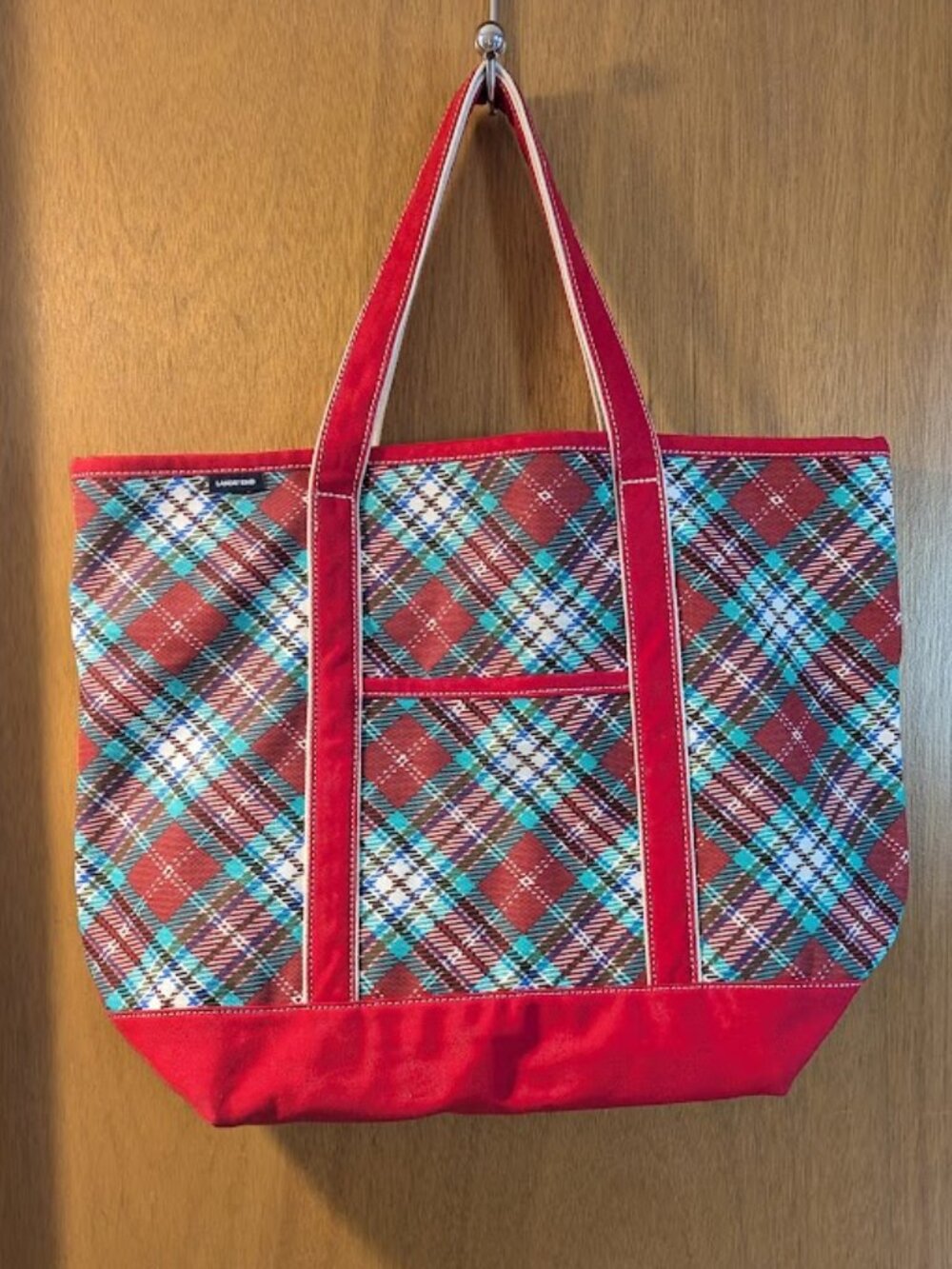 Lands End Red/Green Plaid Heavy Canvas Tote Bag Beach Garden Travel Tartan Zip